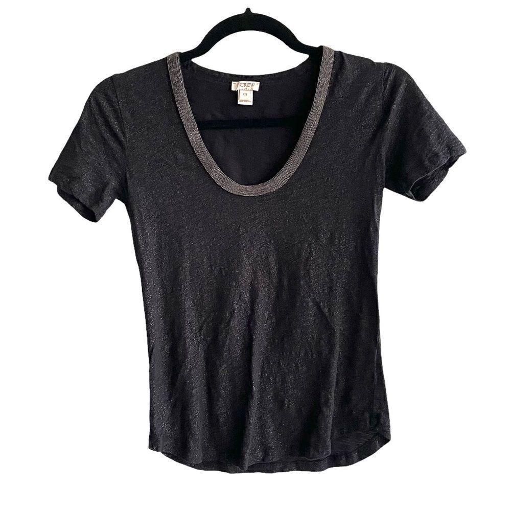 J. CREW Scoop Neck Short Sleeve T-Shirt Blouse Top Black Metallic Shimmer XXS